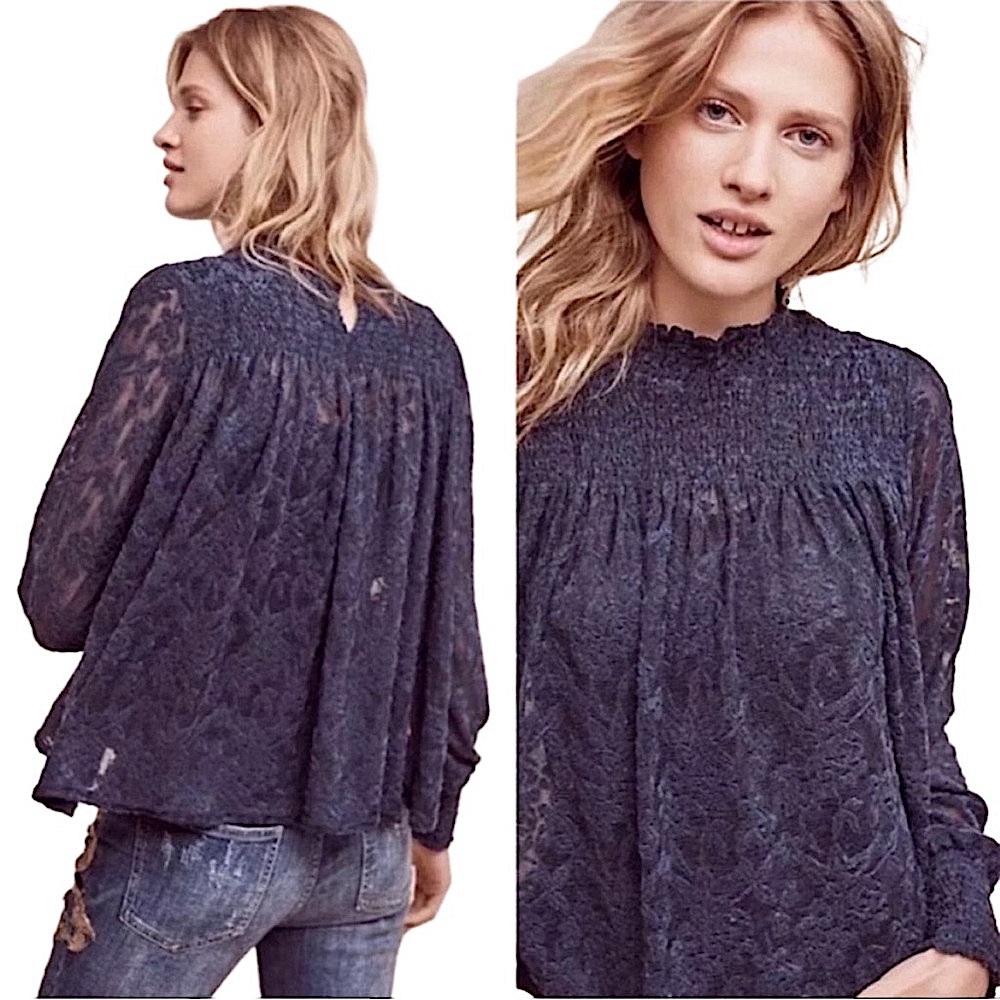 ANTHROPOLOGIE Deletta Navy Stretch Lace Blouse Medium